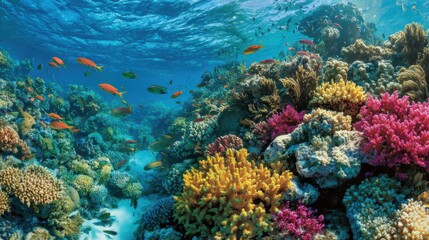 Obraz premium Underwater view of a stunning coral reef filled with diverse coral species and schools of vibrant fish swimming among them, showcasing the beauty of marine life.