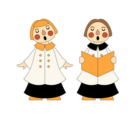 Two children in choir robes singing from a book, one holding sheet music, with expressive faces and closed eyes