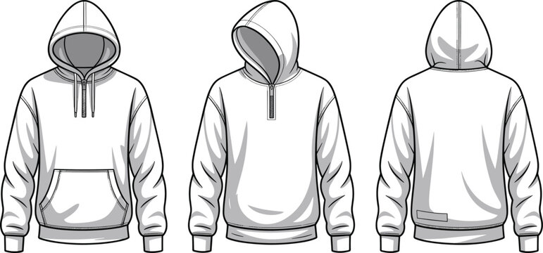 Hooded sweatshirt front view, half-zip hoodie, drawstring hood, sweatshirt back view, fashion sketch, garment design, clothing illustration, casual wear, hoodie details, sweatshirt angles