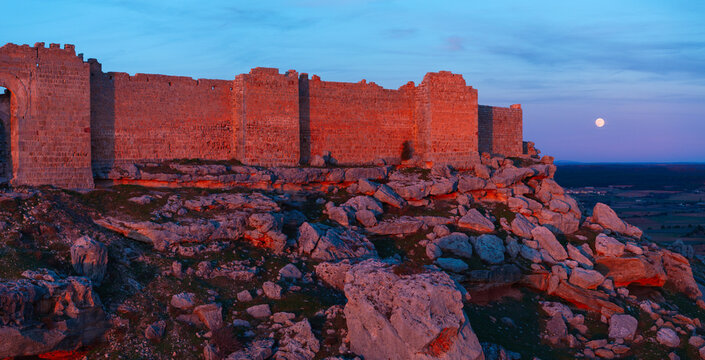 Aerial view from a drone of Gormaz Castle, the largest Caliphate fortress in Europe. Province of Soria, Castile and Leon, Spain, Europe