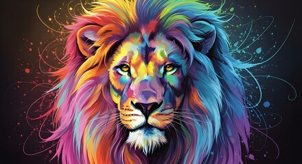 digital art portrait of a lion, with a rainbow-colored mane made of flowing lines and splatters illustration