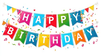 A vibrant banner displaying the words happy birthday in bold letters hangs cheerfully. Bright colors and confetti add to the joyful ambiance of the celebration.