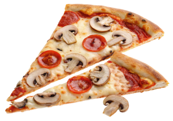 Two slices of delicious pizza topped with mushrooms and pepperoni on a plain white background