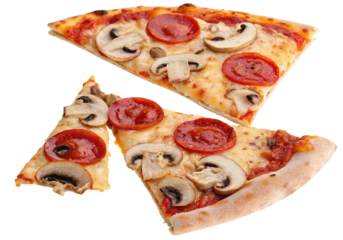 Delicious slices of pizza topped with pepperoni and mushrooms on a white background isolated