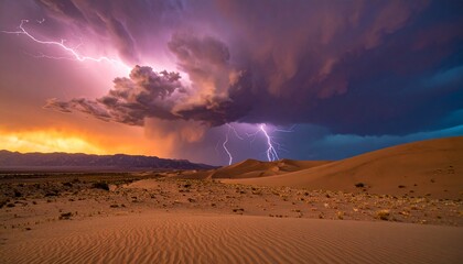 Dramatic desert landscape featuring lightning strikes illuminating sand dunes under a vibrant, stormy sky with orange and purple hues.
