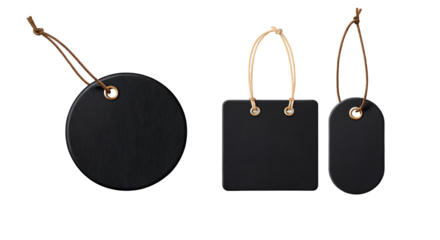 Set of round and square black tags with ropes on a black background for labeling or decoration