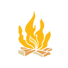 illustration of a bright yellow, orange campfire with stylized silhouette flames rising above a few simple wooden logs on white background. Cozy vibe mood