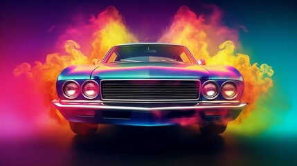 sychedelic lowrider car surrounded by colorful smoke. Perfect for use in posters, album covers, or designs related to car shows, vintage culture, or pop art.