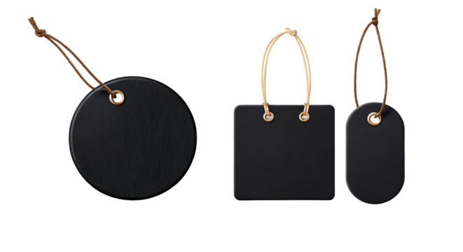 Set of round and square black tags with ropes on a black background for labeling or decoration