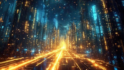 Futuristic city avenue bathed in glowing light