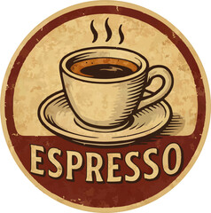 A vintage-style circular illustration featuring a cup of espresso coffee with steam rising, surrounded by coffee beans and the words 