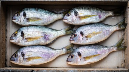 Obraz premium Six fresh fish are neatly arranged in a wooden box at a bustling local market. The morning light highlights their shimmering scales and vibrant colors, attracting shoppers.