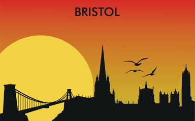 Obraz premium a stylized Silhouette of Bristol at sunset: skyscrapers, birds, gradient from orange to yellow. 