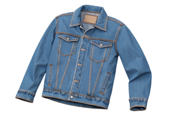 Classic blue denim jacket with buttoned front and stitching details on isolated white background