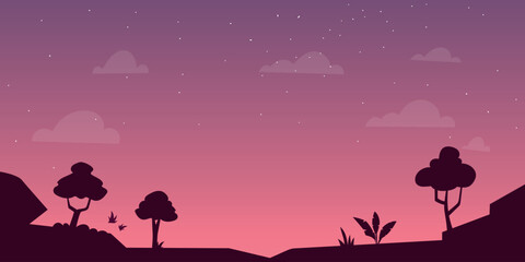 A landscape with hills against a purple-pink sky with clouds and stars. Silhouettes of trees and plants are visible in the foreground.
