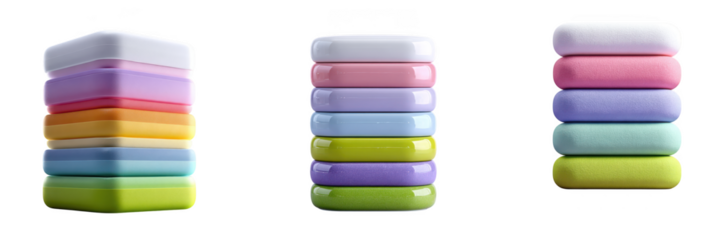 Three colorful stacks of small square cosmetic jars with rounded edges and white lids isolated on transparent background
