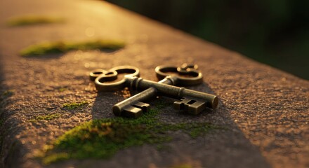 Keys to a Mystery: Two antique keys rest serenely on a textured stone surface, catching the warm, ethereal light of dawn. The juxtaposition of textures and tones speaks to themes of discovery.