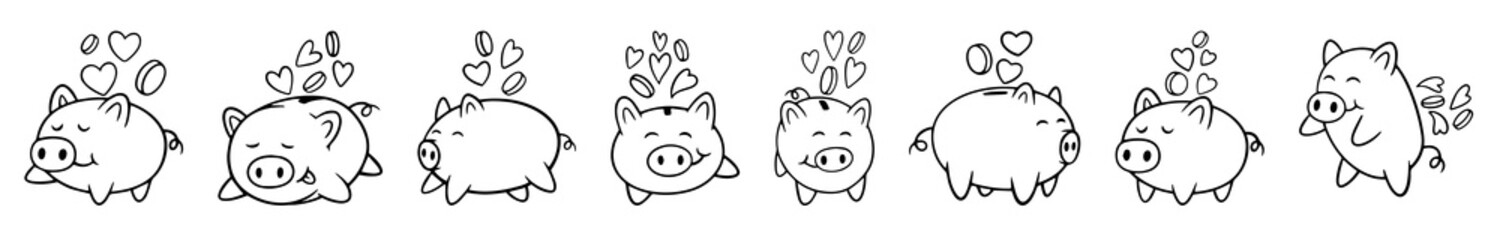 Cute cartoon piggy banks with hearts flying out, representing savings and love, presented in a charming line art style.