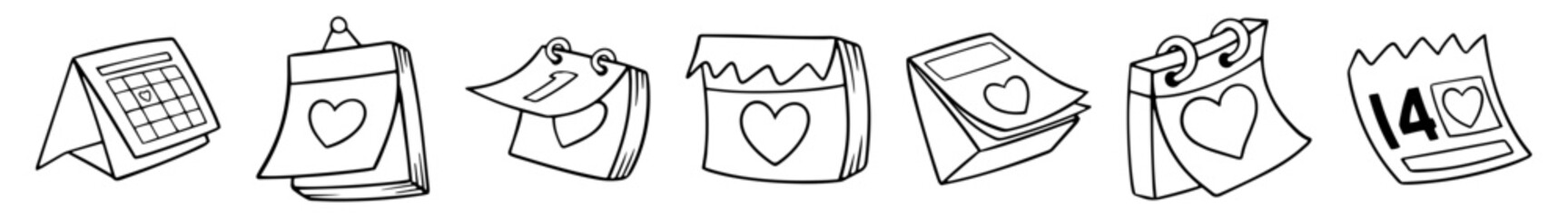 Collection of hand-drawn calendars featuring hearts and the number 14, symbolizing love and important dates