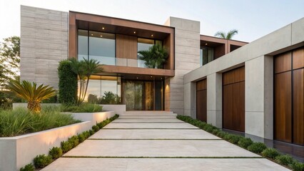 This photograph captures a luxurious contemporary house with a striking blend of materials. The exterior is composed of beige stone tiles and rich wooden accents, creating a warm yet modern aesthetic
