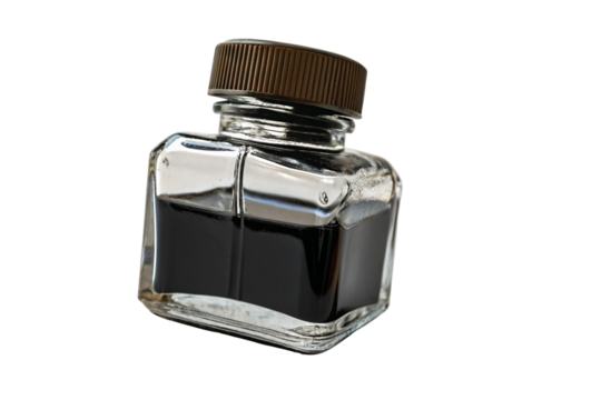 Glass ink bottle with brown cap tilted sideways on black background vivid reflection shown