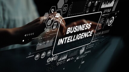 Hands Typing on Keyboard with Business Intelligence Graphics and Charts Digital Overlay for Data Analysis Concept. Asymptotic smart data analytic.