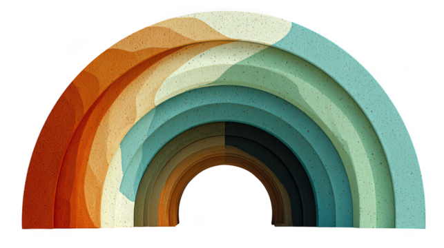 Retro archival rainbow with vintage color palette and geometric layers isolated on transparent background