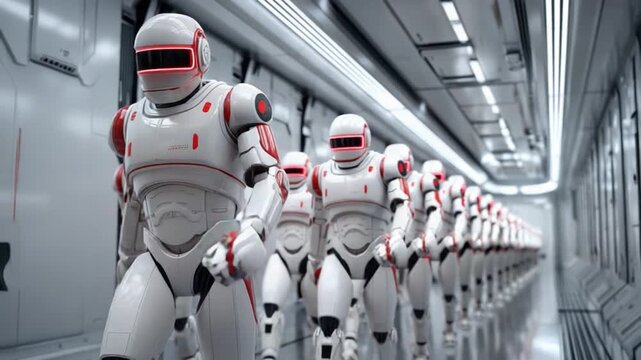 Robot Army Marching Forward: A phalanx of gleaming robots, with red accents and sleek designs, marches confidently down a futuristic corridor, symbolizing innovation and technological advancement.