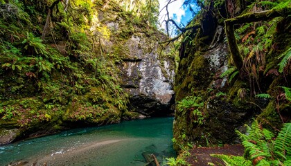 A serene river flows through a lush, green canyon, sunlight dappling the moss-covered rocks and ferns.