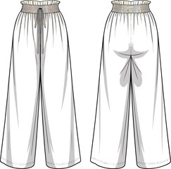 Wide-legged pants front and back view, elastic waistband, drawstring closure, petal seam detail, loose fit, lightweight fabric, fashion illustration
