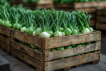 Fresh green onions neatly arranged in rustic wooden crates at a market with natural lighting and visible texture on vegetables