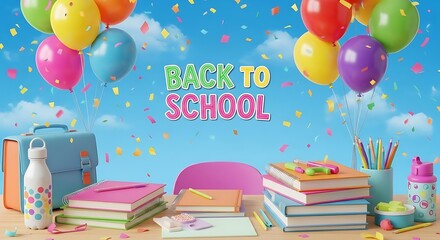 A back to school scene with books balloons and confetti against a blue sky background celebration