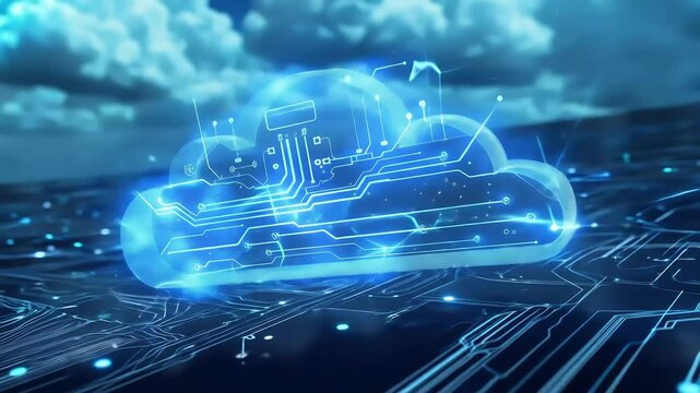 Digital cloud graphic over circuit board