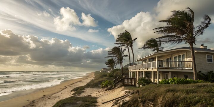 Coastal home on a beach with palm trees blowing in the wind under a cloudy sky on a windy day