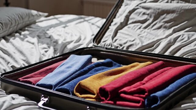 Open suitcase resting on a bed showcases neatly folded, colorful clothing, indicating a traveler preparing for an exciting trip filled with adventure and anticipation
