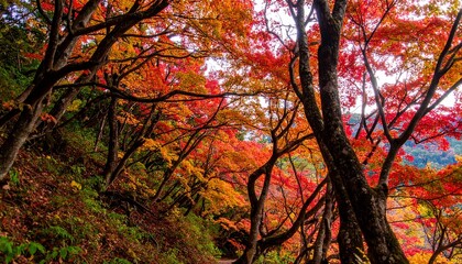 A vibrant autumn scene featuring trees with red, orange, and yellow leaves, creating a colorful canopy over a hillside.