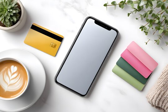 Light-filled cozy workspace featuring smartphone, colorful bank cards, and coffee cup, creating an inviting atmosphere for effortless online shopping and relaxation