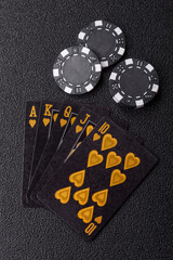 Obraz premium Playing card game poker in casino with chips, bets and risk. Cards and chips on elt