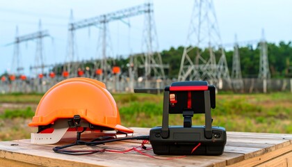 Fototapeta premium Drone control and hard hat on wooden crate