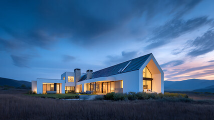 Obraz premium Modern White House with Metal Roof at Dusk, Mountain Backdrop