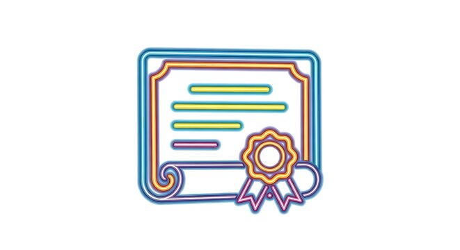 Colorful certificate icon with a blue border and a rosette on a white isolated background