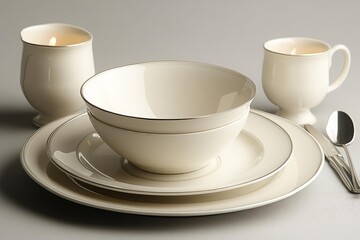 Elegant cream porcelain dinnerware set with soft lighting, featuring classic style dishes and utensils for upscale dining