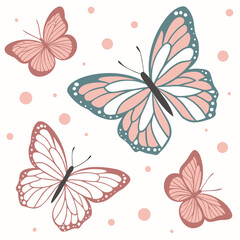 Delicate pastel pink and teal butterflies with subtle polka dot pattern on a white background