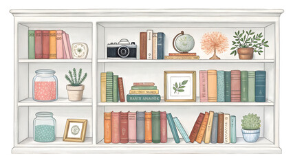 set of vintage books , Watercolor Bookshelf with Books and Decor