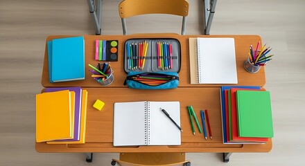 Overhead view of a school desk filled with colorful books and stationery supplies ready for learning