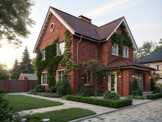 View of a two story brick house with green vines and a well manicured lawn at daytime in the suburbs
