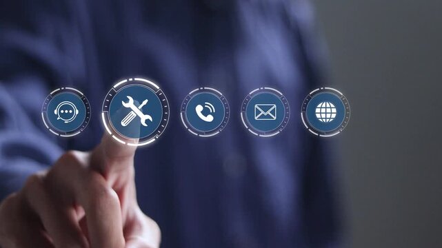 Technical support customer service concept, call center and customer service help. Businessman touching support icon on virtual screen. 