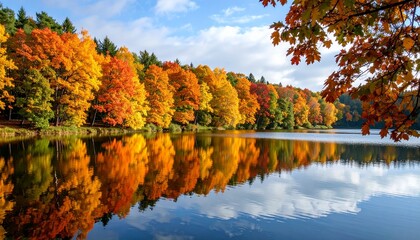 Obraz premium Autumn landscape featuring vibrant fall foliage reflected in a calm lake under a partly cloudy sky.
