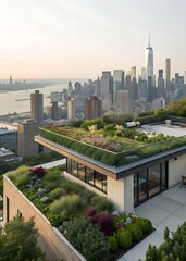 Fototapeta premium Rooftop garden with lush greenery overlooking a cityscape with skyscrapers and a river at sunset