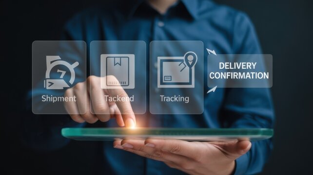 Person interacting with digital interface for package delivery confirmation and tracking